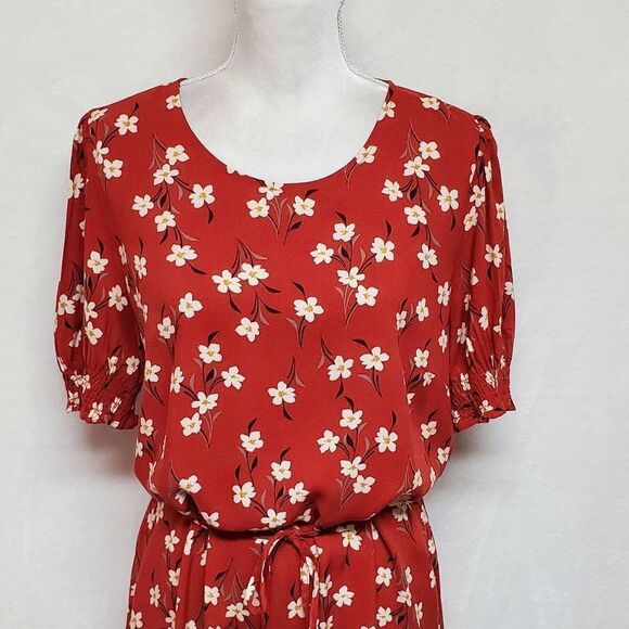 VINTAGE Red White Floral Boho Smocked Sleeve Keyhole Belted Maxi Dress Large - Picture 3 of 12
